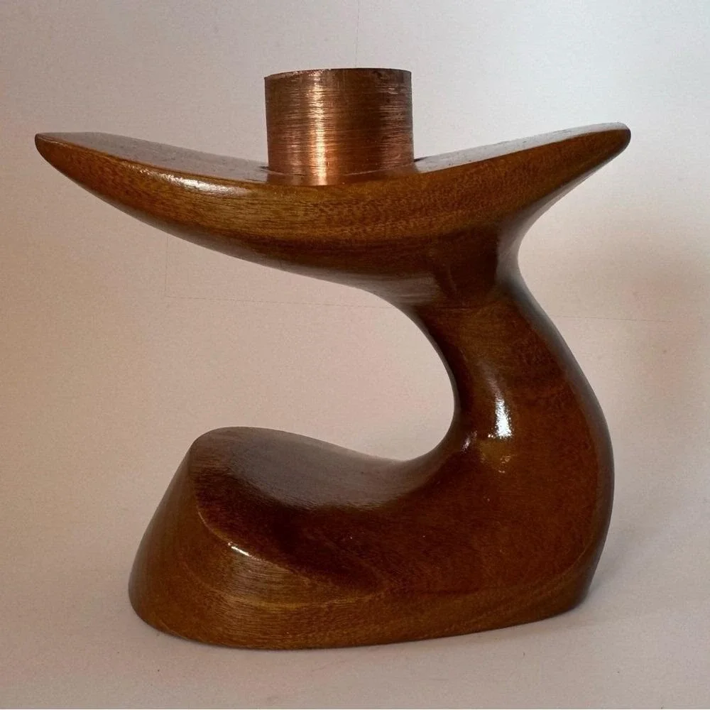 Candle Holder Wooden Sculpture Whale Biomorphic Copper Cylinder MCM Art Piece